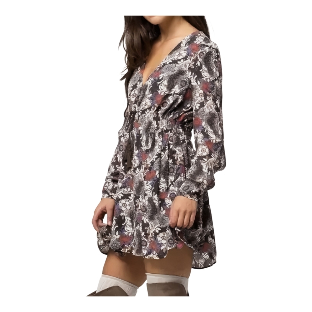 Free People Gray And White Wrap Sundress With Bishop Sleeves, Small